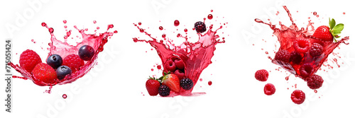 Set of berry with berry juice splash isolated on a transparent background