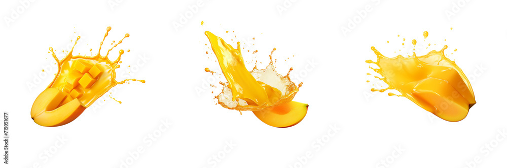 Set of mango slice with mango juice splash isolated on a transparent background - obrazy, fototapety, plakaty 