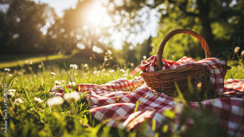 Wicker picnic basket with a red and white checkered cloth on it, set on a grassy field with dappled sunlight filtering through the trees.