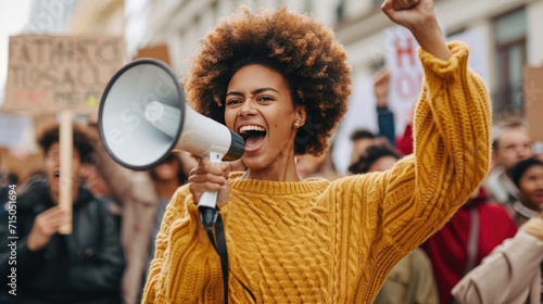 Young woman with curly hair, wearing a mustard yellow sweater, enthusiastically speaking into a megaphone at a public demonstration, surrounded by a diverse crowd of people © MP Studio