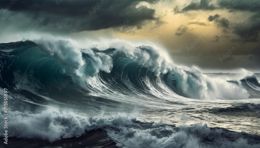 colossal tsunami waves, ominous storm clouds, and a menacing tornado against a dark, foreboding backdrop