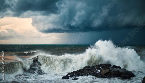 colossal tsunami waves, ominous storm clouds, and a menacing tornado against a dark, foreboding backdrop
