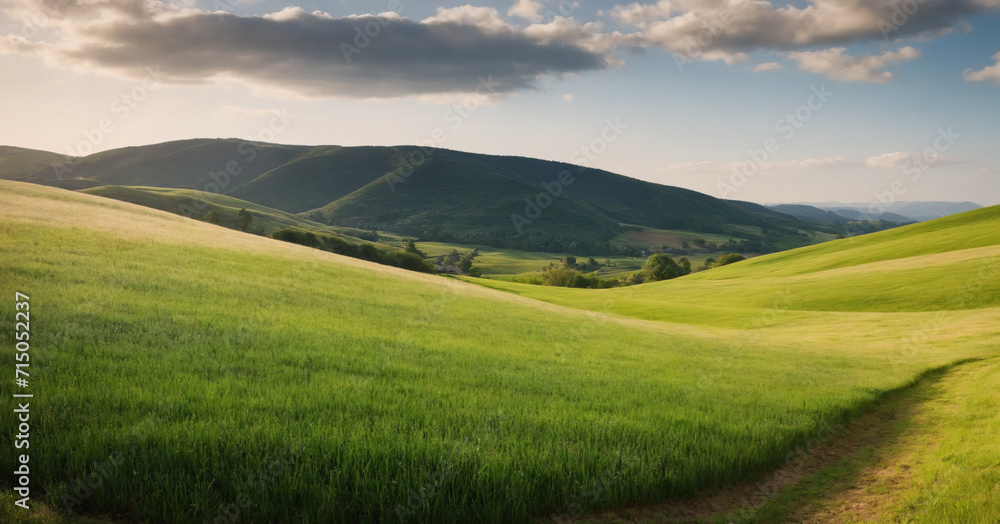 A wide and vivid panoramic view of a lush green meadow against a blue sky, representing the simplicity and beauty of nature in a rural landscape.