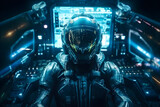 Pilot of a spaceship in a polished mechanical suit in the cockpit