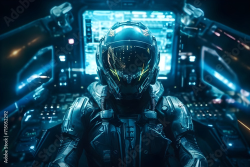 Pilot of a spaceship in a polished mechanical suit in the cockpit photo