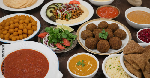 A vibrant spread of Middle Eastern cuisine on a rustic table, featuring falafel, kebab, hummus, and more, creating a delicious and colorful banquet setting.