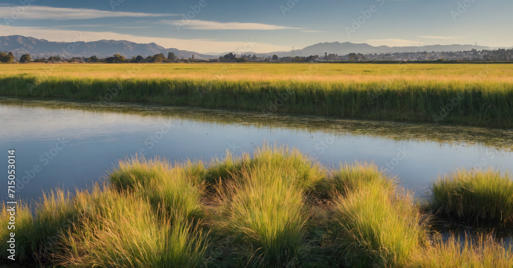 A vibrant and panoramic view of the Baylands Park in Sunnyvale, California, showcasing the colorful landscape, electric blue sky, and the contrast of nature in the heart of Silicon Valley.