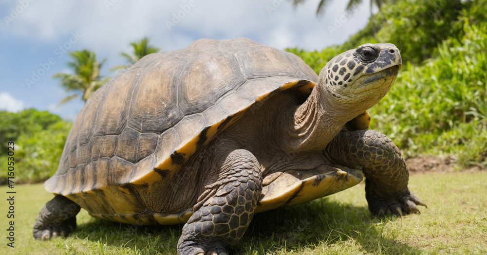 A couple embraces a giant Aldabra tortoise in the beautiful natural setting of Mauritius, creating a heartwarming portrait of love and wildlife interaction.