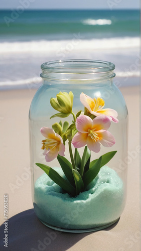 A Captivating Chrysopsis Jar Amidst Beach Serenity AI GENERATED photo