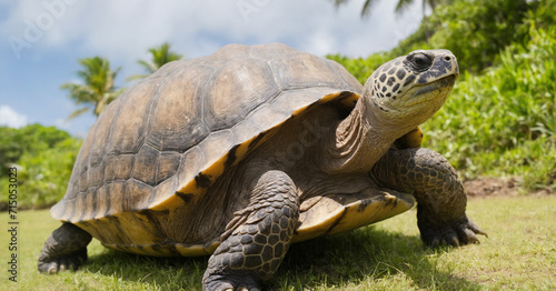 A couple embraces a giant Aldabra tortoise in the beautiful natural setting of Mauritius, creating a heartwarming portrait of love and wildlife interaction.