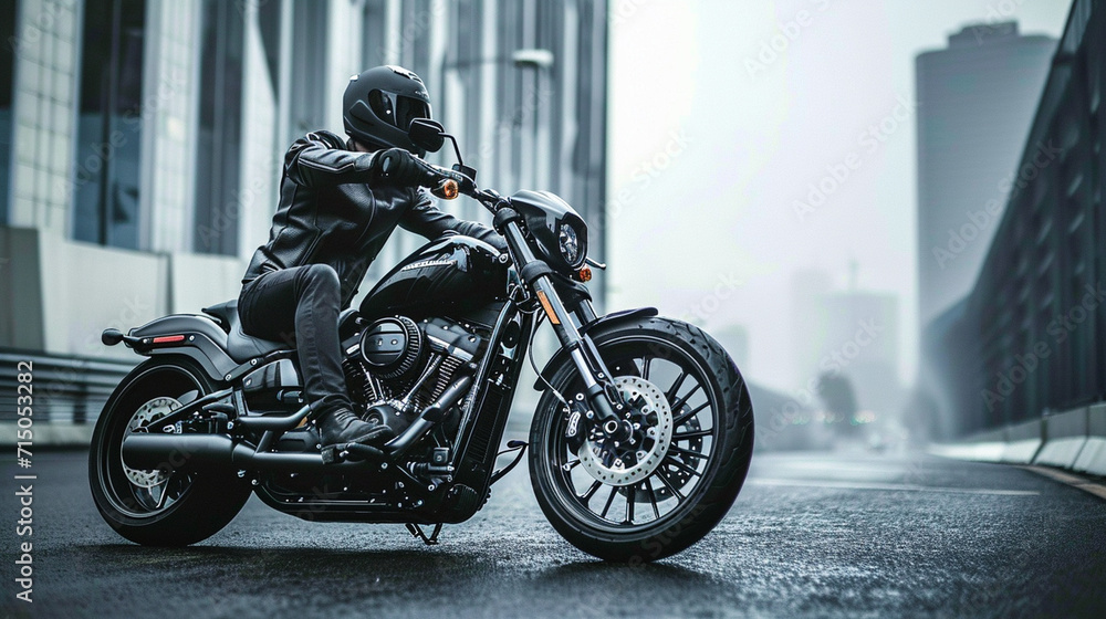 A lone, stylish biker clad in black leather, astride a sleek, customized motorcycle against an urban backdrop. The harsh lines of the cityscape complement the rugged elegance of th A lone, stylish biker clad in black leather, astride a sleek, customized motorcycle against an urban backdrop. The harsh lines of the cityscape complement the rugged elegance of th