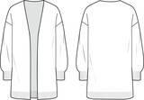 Women's Long Line Cardigan. Technical fashion illustration. Front and back, white color. Women's CAD mock-up.