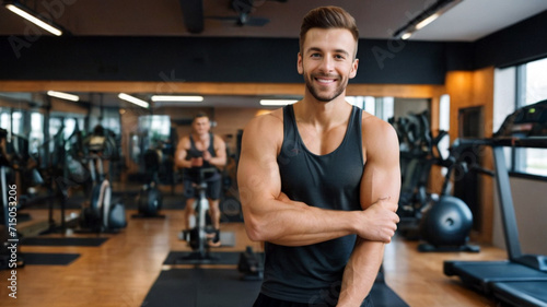 Young man after successful workout posing in modern fitness gym while showing thumb up, digital ai