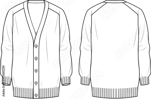 Men's Button-up Detail, Long Line Cardigan. Technical fashion illustration. Front and back, white color. Men's CAD mock-up.