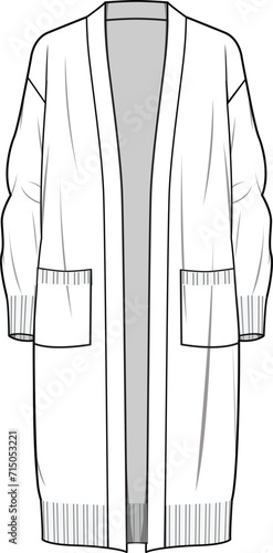 Women's Pocket Detail Long Line Cardigan. Technical fashion illustration. Front, white color. Women's CAD mock-up.