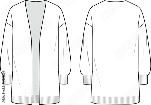 Women's Long Line Cardigan. Technical fashion illustration. Front and back, white color. Women's CAD mock-up.