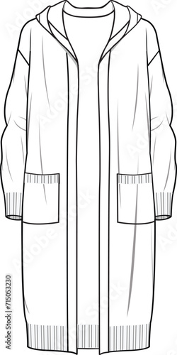 Women's Hooded Pocket Detail Long Line Cardigan. Technical fashion illustration. Front, white color. Women's CAD mock-up.