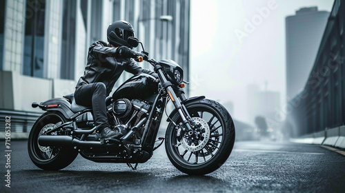 A lone, stylish biker clad in black leather, astride a sleek, customized motorcycle against an urban backdrop. The harsh lines of the cityscape complement the rugged elegance of th