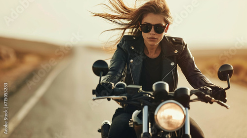 Riding through an open highway, a stylish biker in a black leather jacket and sunglasses, the wind tousling their hair. The sweeping landscape and the streamlined silhouette evoke photo