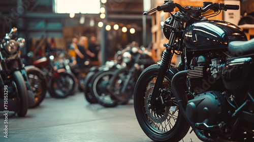 An industrial warehouse transformed into a gritty biker haven, where a group of stylish bikers gather amid a display of customized motorcycles, showcasing the fusion of brutal aest photo