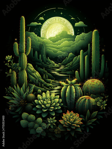T-shirt design, a motive of a stylized cactus with intricate geometric patterns, incorporating shades of green and black to depict a desert landscape at night created with Generative Ai