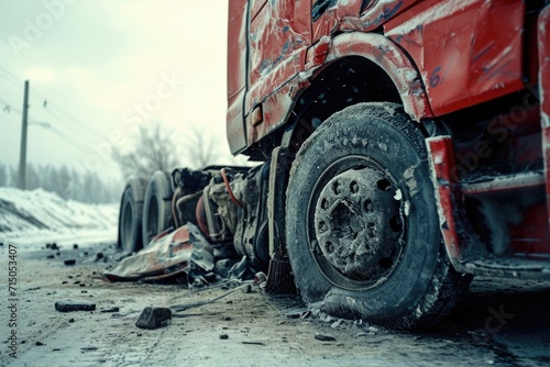 A red truck is parked on the side of the road. Suitable for transportation, automotive, and roadside scenes photo