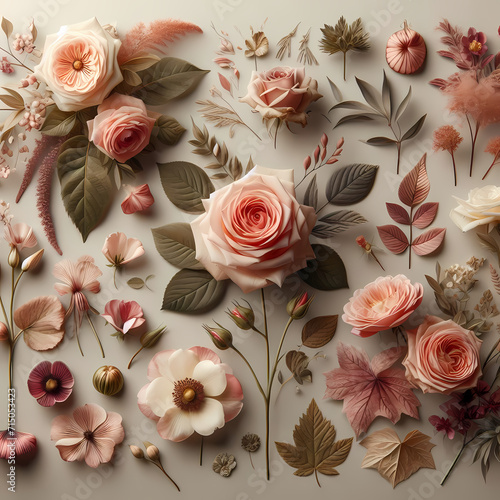 a visually stunning and romantic flower collection that includes the timeless beauty of roses, delicate leaves, enchanting floral bouquets, and artful flower compositions, Generative Ai photo
