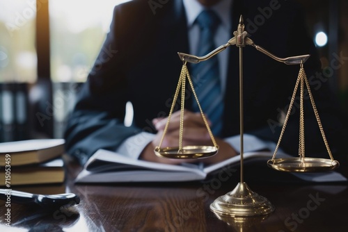 A man in a suit sitting at a desk with a scale of justice. Suitable for legal and justice-related themes