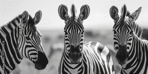 A group of zebras standing next to each other. Can be used to depict unity  teamwork  or the beauty of nature.