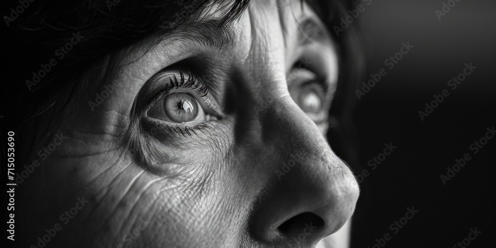 Obraz premium Close-up black and white photo capturing the beauty and depth of a woman's eyes. Perfect for adding a touch of mystery and allure to any project