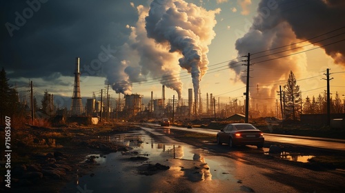 Power station with chimneys in the polluted city. C02 gases contaminating the atmosphere of planet Earth. Climate change concept photo