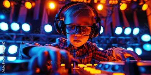 A young boy wearing headphones and playing as a DJ. Perfect for music and entertainment related projects © Fotograf