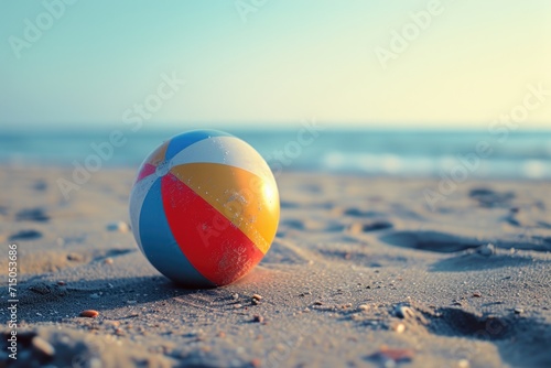 A beach ball resting on a sandy beach near the ocean. Perfect for summer vacation themes or beach-related concepts photo