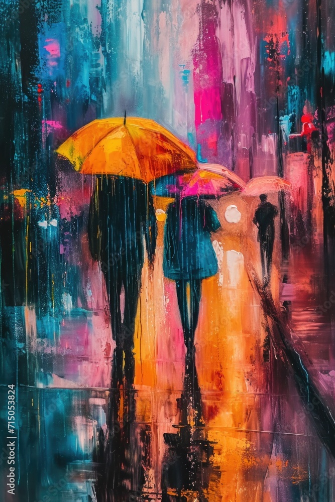 Naklejka premium A painting depicting people walking in the rain with umbrellas. This image can be used to illustrate rainy weather or urban scenes