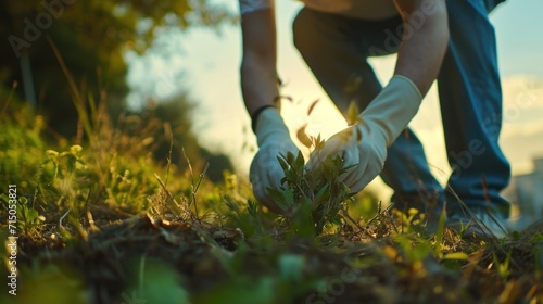 A person wearing gloves is seen picking weeds. This image can be used to depict gardening, weed removal, or maintaining a clean and tidy outdoor space © Fotograf