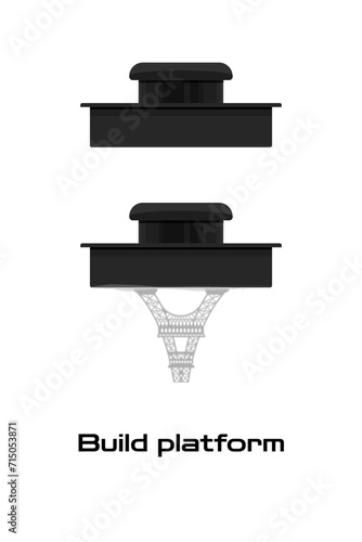 Build platform for photopolymer 3D printer SLA DLP LCD stereolithography with 3d printed Eiffel tower model. Vector illustration icon isolated on white background