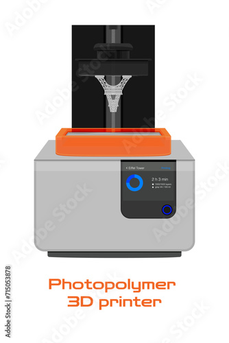 Photopolymer 3D printer vector SLA DLP LCD stereolithography printing creating polymer plastic model Eiffel tower. Illustration icon isolated on white background