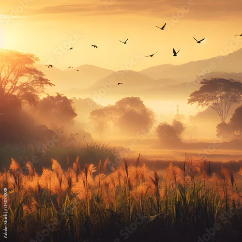 Paisaje campo natural, amanecer con pájaros volando photo