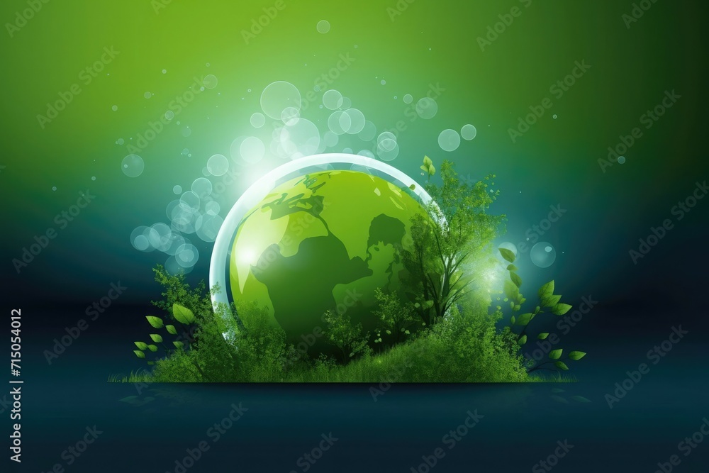 Planet on green background, background on ecology theme with space for text, ecology elements: green grass, clean planet, clean air, green background Planet on green background, background on ecology theme with space for text, ecology elements: green grass, clean planet, clean air, green background