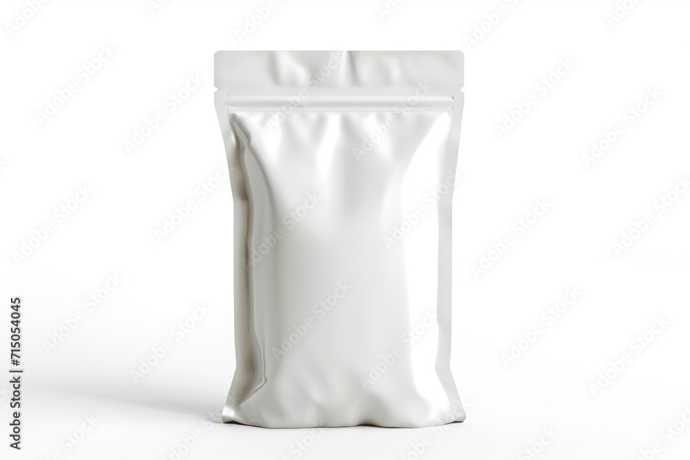 A white bag of food placed on a clean and pristine white surface. Ideal for food packaging, grocery shopping, and healthy eating concepts