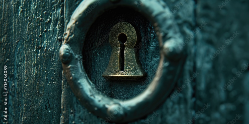 A close-up view of a keyhole on a wooden door. This image can be used to depict security, privacy, home protection, or access control - obrazy, fototapety, plakaty 