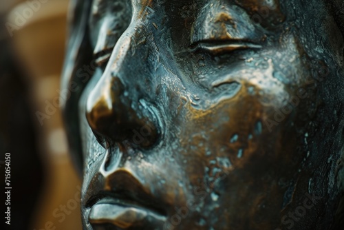 A detailed close-up of the face of a statue of a woman. Can be used as a symbol of beauty, art, or history