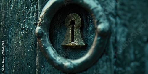 A close-up view of a keyhole on a wooden door. This image can be used to depict security, privacy, home protection, or access control photo