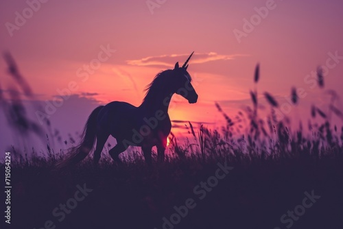 A beautiful image capturing a horse running freely through a field at sunset. Perfect for nature and outdoor enthusiasts. © Fotograf