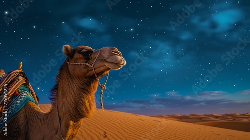 Camel at night in desert with stars, ramadan concept