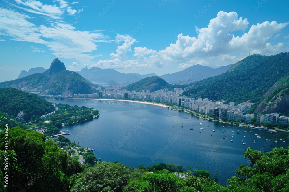 A picturesque view of a large body of water surrounded by a vibrant and lush green hillside. Perfect for nature enthusiasts and travel brochures