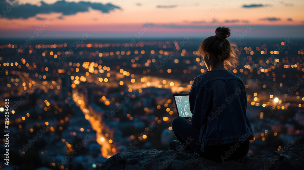 Woman using a laptop on a high rooftop with a backdrop of a densely populated cityscape at night, illuminated by countless lights. Woman using a laptop on a high rooftop with a backdrop of a densely populated cityscape at night, illuminated by countless lights.