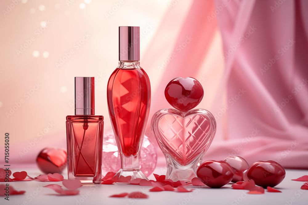 Valentine's Day care and decorative cosmetics mockup. Lipstick, cream, balm, perfume Valentine's Day care and decorative cosmetics mockup. Lipstick, cream, balm, perfume