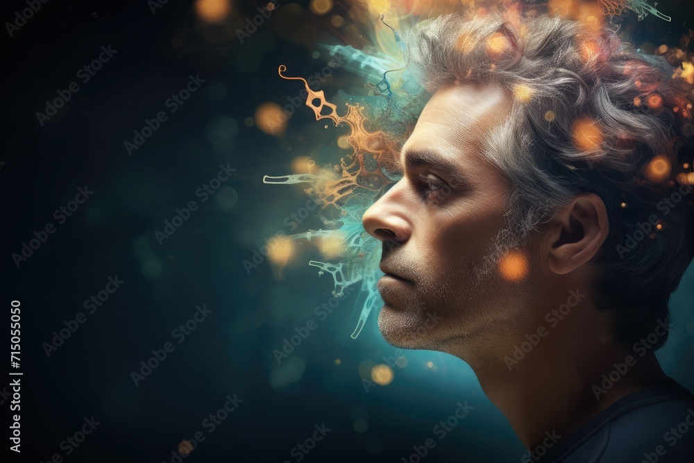 Creative man lost in contemplation, surrounded by an imaginative aura Creative man lost in contemplation, surrounded by an imaginative aura