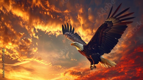 A powerful eagle soars through the cloudy sky, displaying its strength and grace. Perfect for nature enthusiasts or those seeking an image of freedom and determination #715055005